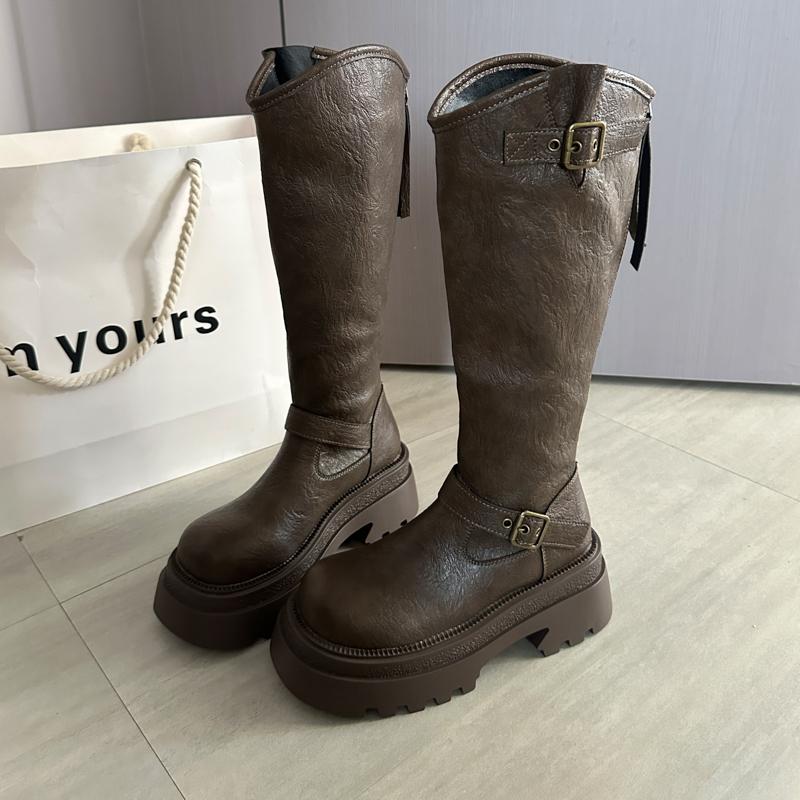 Winter Platform Height Increase Woman Knight High Boots Fashion Belt Buckle Back Zippers Shoes Ladies Punk Modern Long Botas