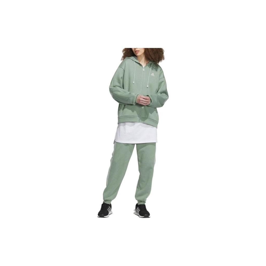 Adidas Loose Zip-Up Hoodie Drawstring Long Sleeve Jacket for Women, Matcha Color