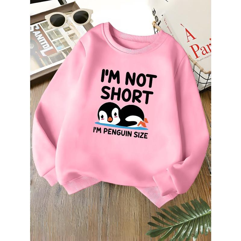 Kids Unisex Crewneck Sweatshirt, Cute Penguin "I'm Not Short I'm Penguin Size" Print Long Sleeve Pullover, Sweatshirt For Boys Girls Over 4 Years Old