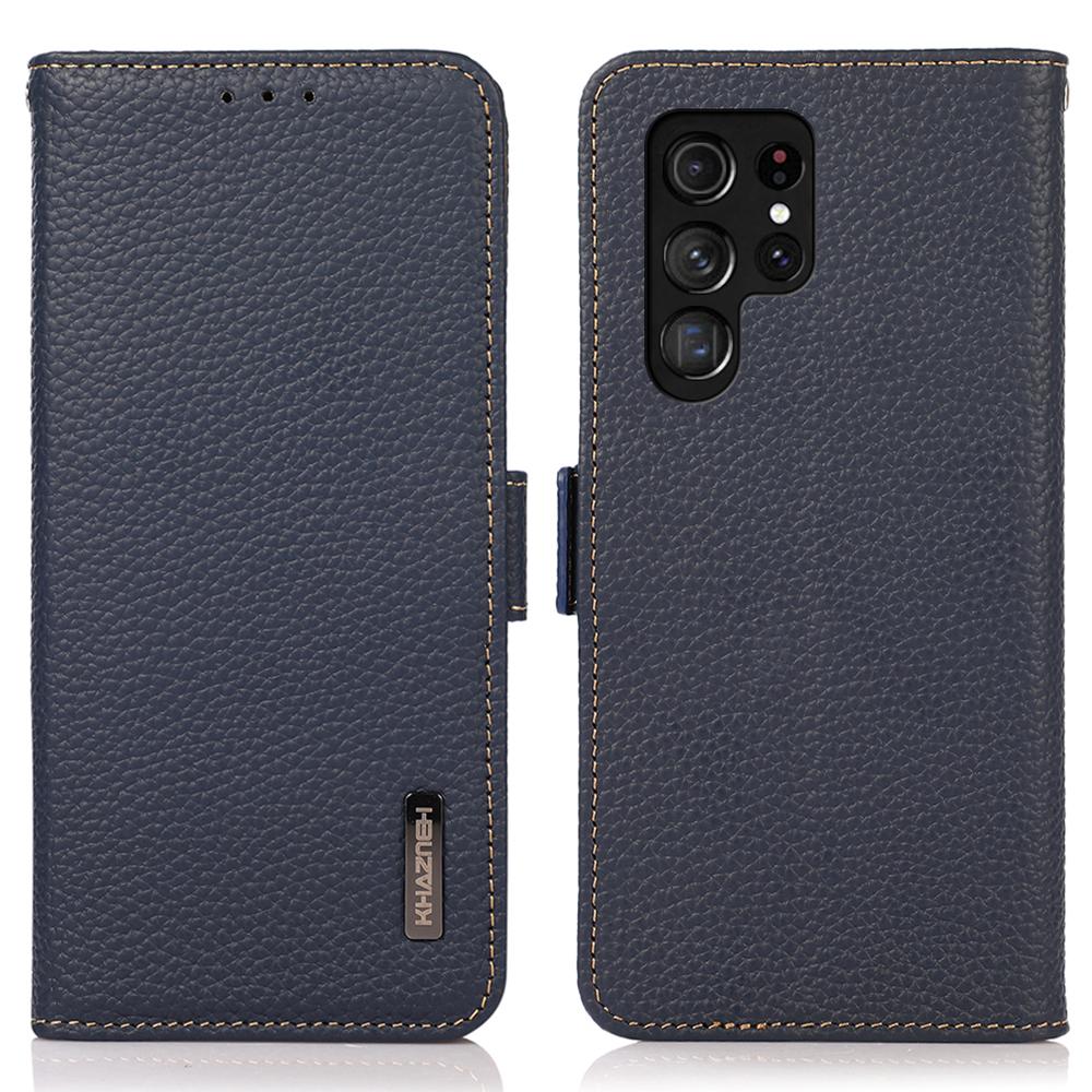 

KHAZNEH For Samsung Galaxy S25 Ultra Phone Case Genuine Cow Leather Cover RFID Blocking Blue