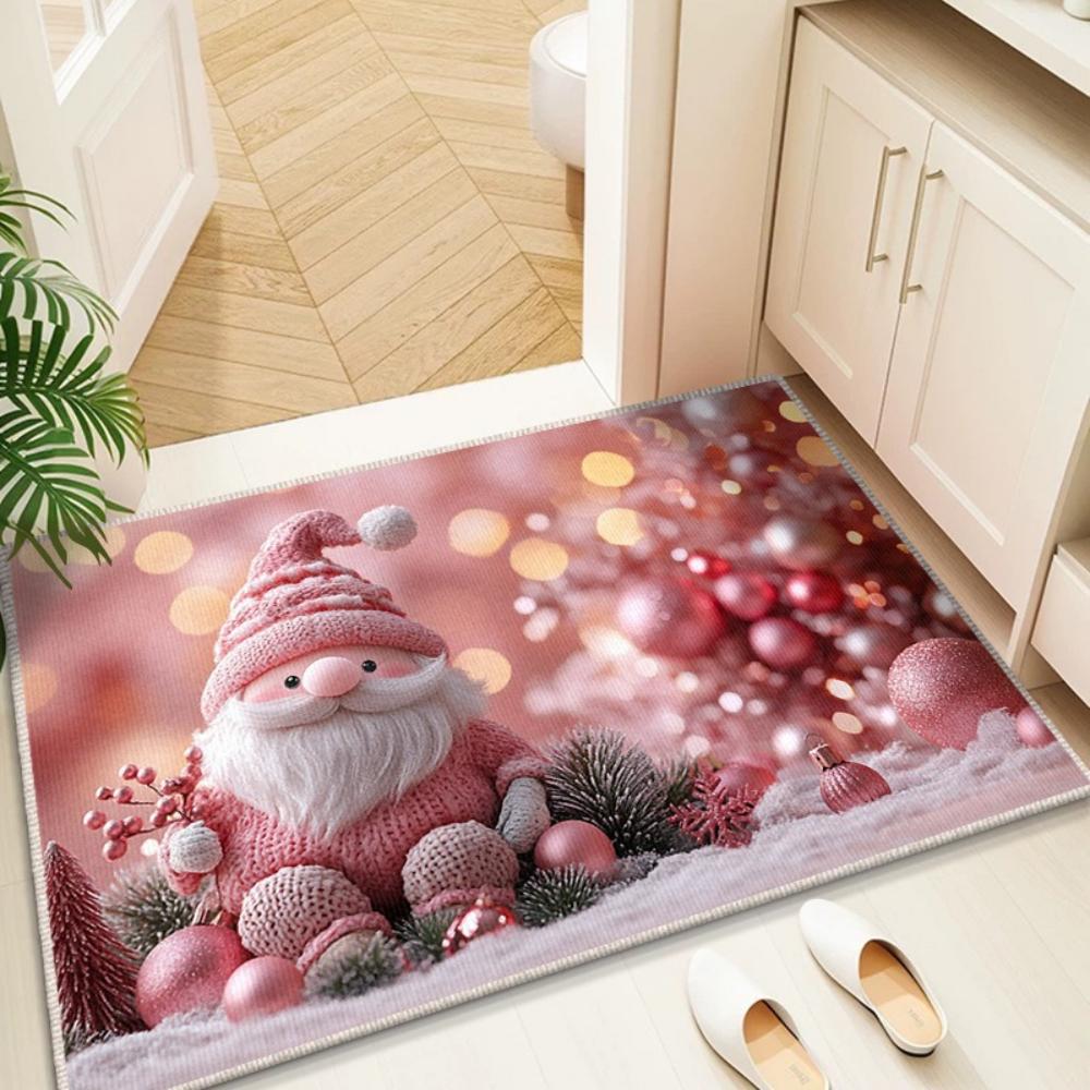 Christmas Gnome Snowman Tree Pattern Doormat Pink and Blue Color Scheme Non Slip Entrance Rug for Living Room Bedroom Decor
