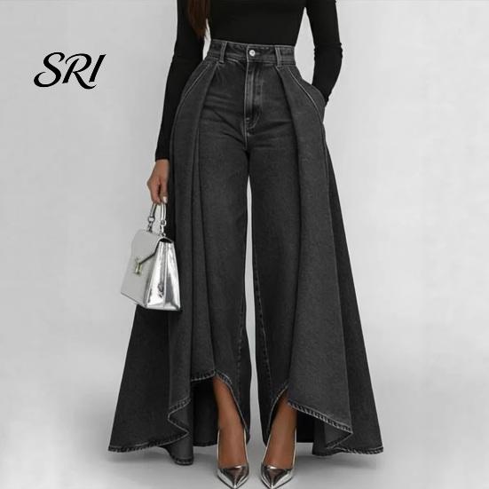 Simple Design Women Trousers Pants High Waist Buttons Zipper Closure Denim with Everyday Pockets Irregular Large Hem Wide Leg Solid Color Casual Loose