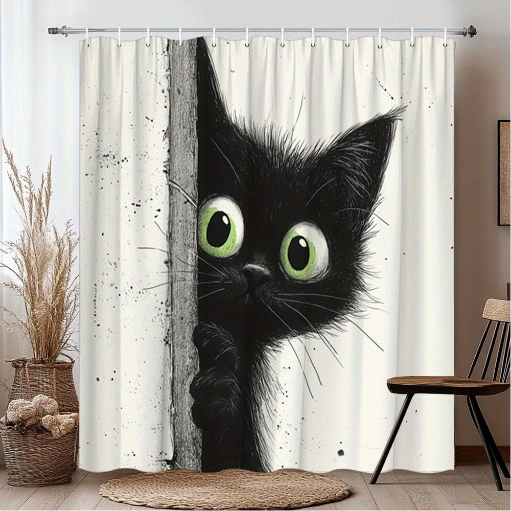 

1Pc Curious Kitten Shower Curtain - Whimsical Black Cat Peeking Behind Wooden Post Design, Durable Polyester Fabric W60H190(CM)-1 Pcs