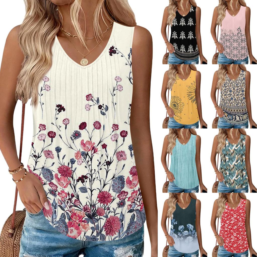 Sleeveless V Neck Tank Top with Geometric Floral Print Lightweight Pullover Blouse for Women Casual Summer Wear