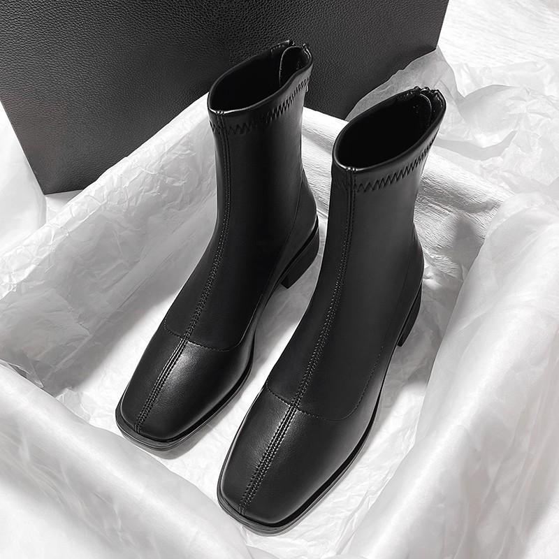 Cowhide~ Xiaoxiangfeng Skinny French Short Boots Women's Square Head Thick Heel Middle Heel Temperament Boots Niche Design British Style