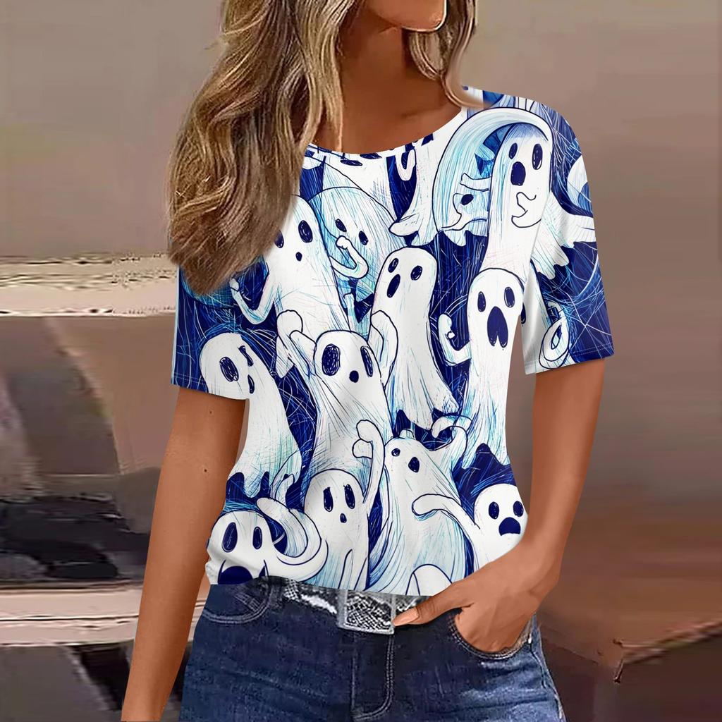 Women's Casual Short Sleeve Pullover Top Halloween Print Bat Pumpkin Ghost Spider Web Round Neck Shirt