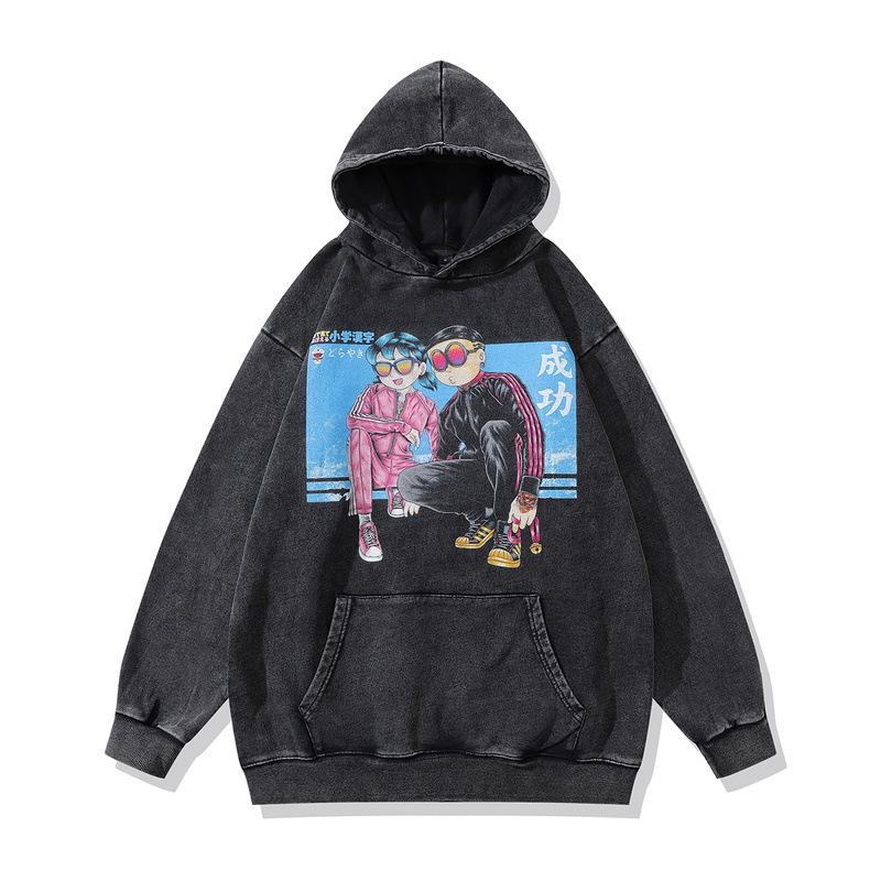 Autumn And Winter 430G Heavy Cotton Hooded Sweater American High Street Retro Skull Print Fried Color Hoodie Men