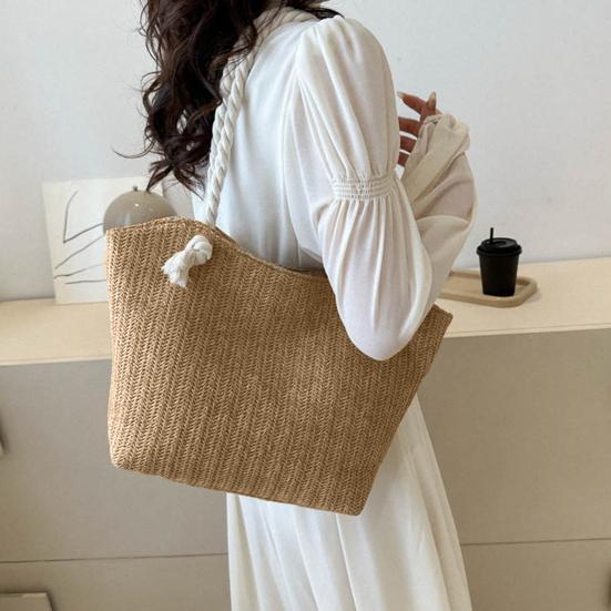 Women Straw Shoulder Bag Large Capacity Tote Bag Zipper Closure Casual Beach Bag for Daily Outings Travel Vacation Work