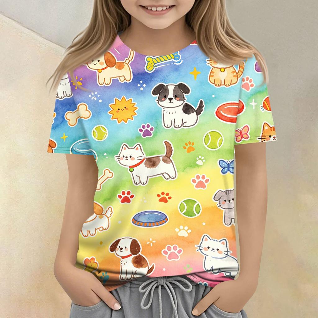 Kids Short Sleeve T Shirt Casual Loose Fit Crew Neck Top with Animal Print Soft Comfortable Fabric Suitable for Everyday Wear