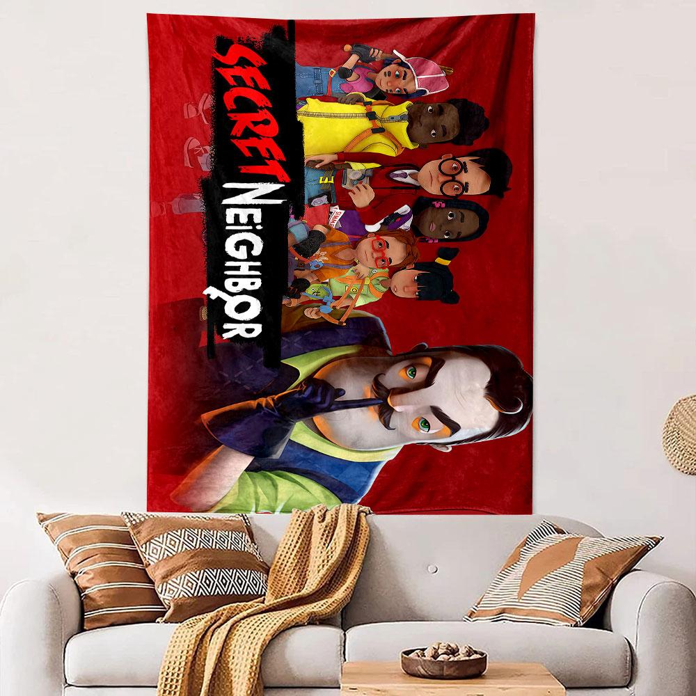 Secret Neighbor Hello Neighbor Game Characters Group Wall Tapestry Red Video Game Decor for Bedroom Game Room Gift