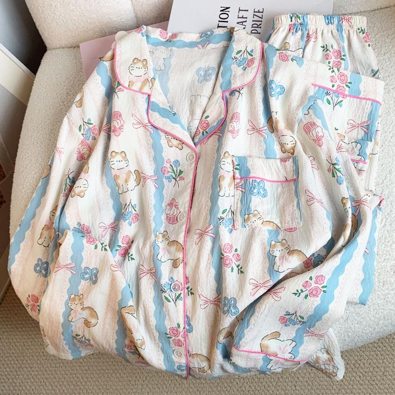 Cloud cotton new bow kitten print pajamas autumn women's long-sleeved sweet loungewear set real shot