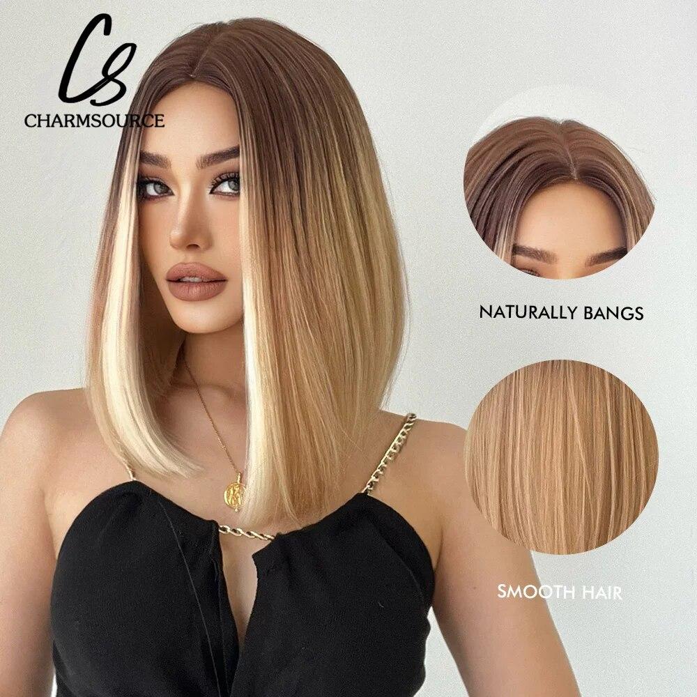 Short Straight Bob Synthetic Wigs with Bangs for Women Brown To Blonde Wig Cosplay Party Daily Heat Resistant Fiber Hair