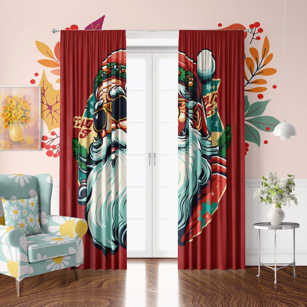 Santa West Coast Print Curtains Piece Winter Polyester Set Bedroom Living Room Study Decor Holiday Window Scenery Curtain Made Of Washable Area Ready