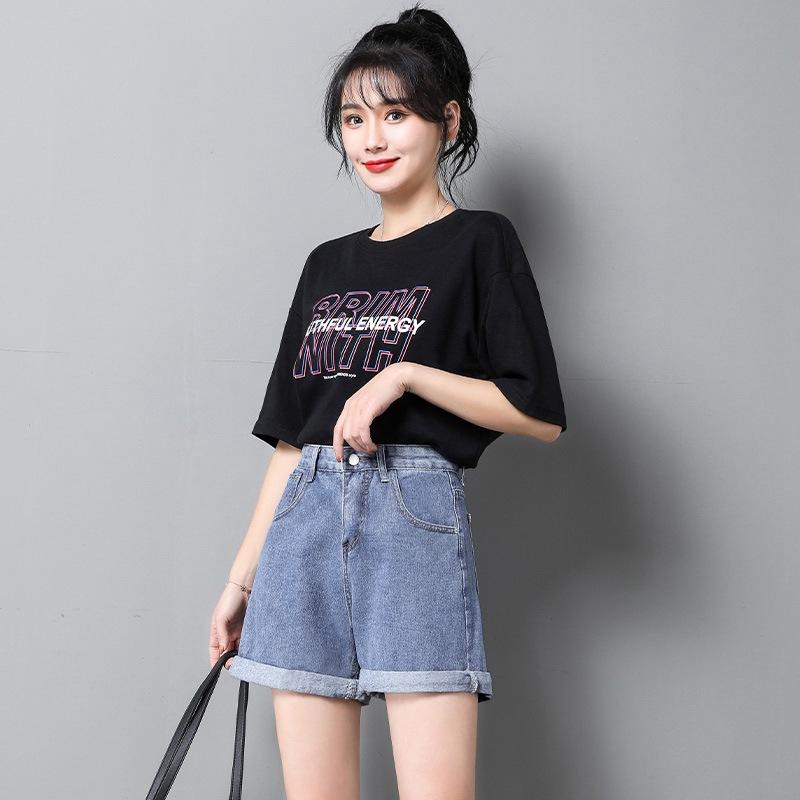 Classic and Minimalist Fashion Versatile Rolled Edge Female Summer High-waisted A Word Show Thin Outside Wear Casual Wide-legged Pants Denim Shorts