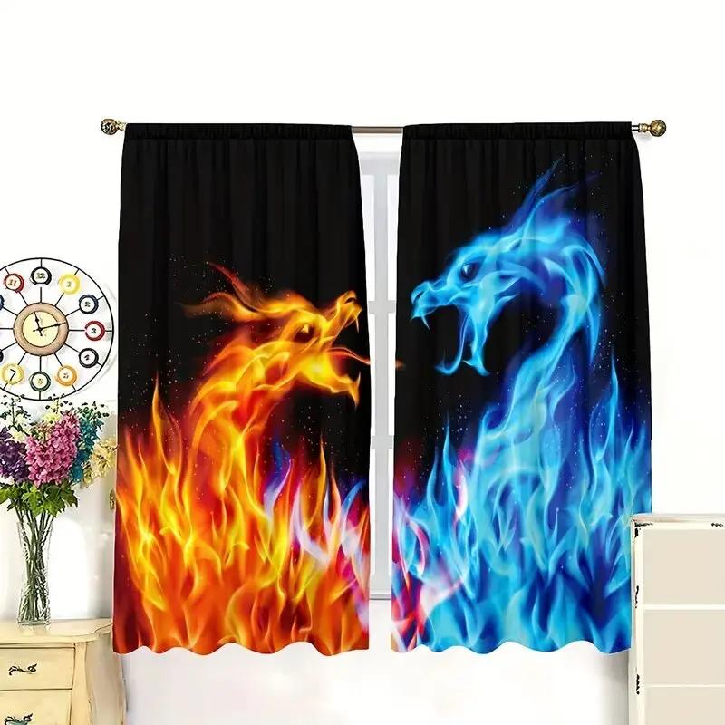 Blaue Eisflammen-Drachenmuster-Druckvorhänge Weihnachtsdekoration Wohnraum Aus Polyester gefertigt