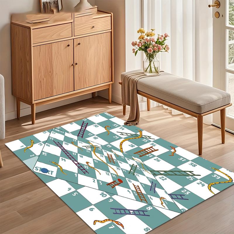 Snakes and Ladders Game Area Rug Non Slip Floor Carpet for Living Room Bedroom Nursery with Teal and White Board Pattern 40x60cm