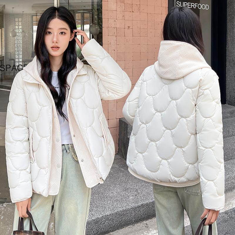 Fake two-piece knitted hooded down cotton clothes women's winter clothes new short wavy bread clothes thick jacket