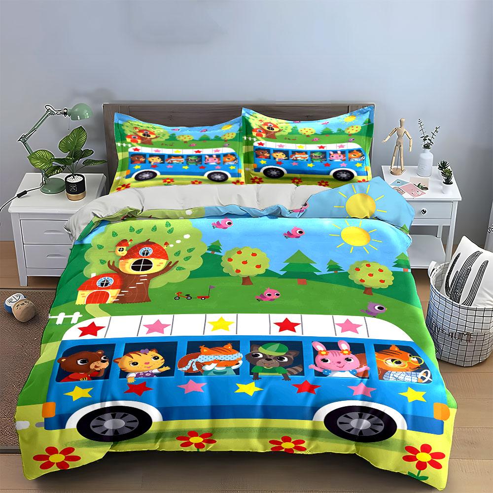 Cute Animal Bus Ride Pattern Bedding Duvet Cover Set (1*Duvet Cover 2*Pillowcases, Without Duvet Insert)