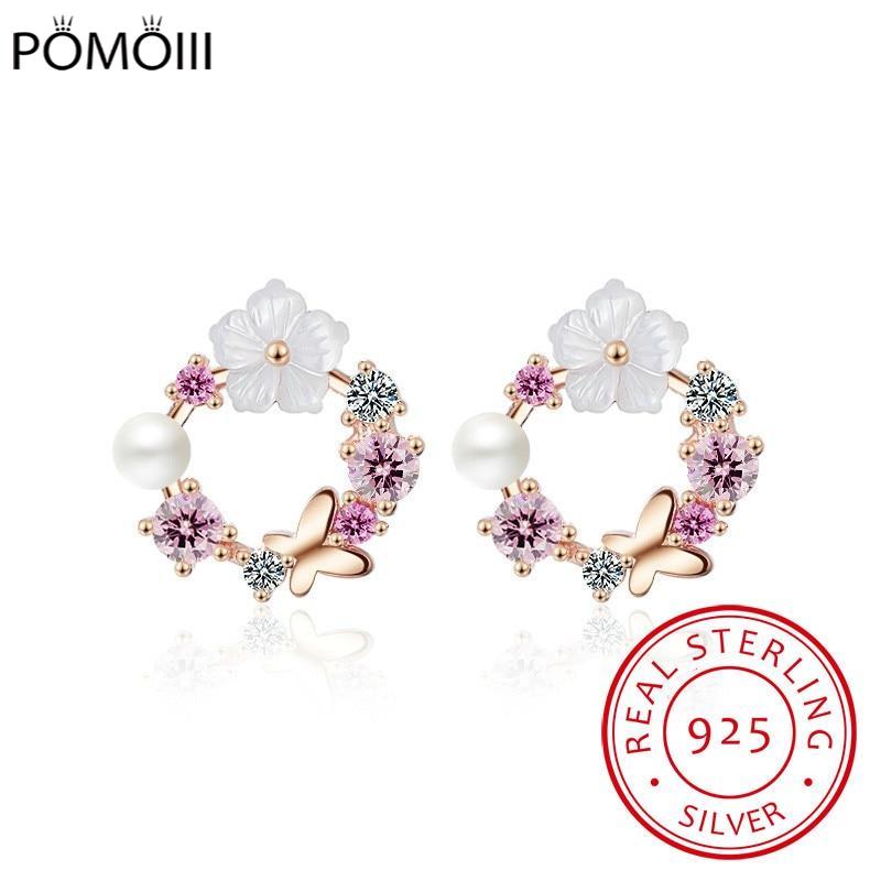 Real 925 Sterling Silver Earrings Pretty Butterfly Colorful Flowers+White Peal Cubic Zirconia Crystal Jewelry For Women