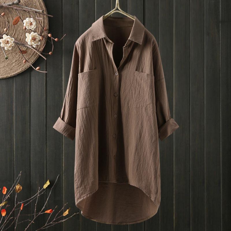 2026 Lente en Herfst Nieuw Dames Casual Stijl Effen Kleur Shirt Katoen Linnen Vest met Dubbele Zakken Lange Mouw Top