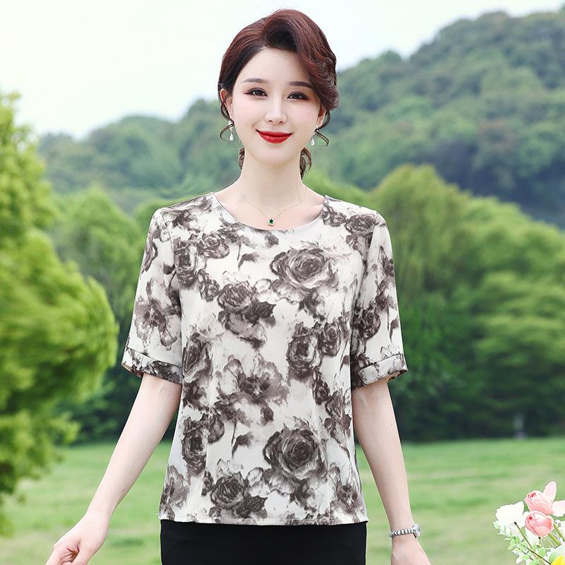 

2026 New Style Printed Short Sleeve Fashion Shirt: Stylish, Loose, Breathable Round Neck Top for Middle-Aged Women 5XL (recommended weight 145-165 jin)