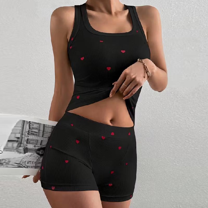 1 Set Pajamas Smooth Fit Sleeveless Machine Washable Heart Polka Dot Print Cute Round Neck Comfortable Nightgown Black/White