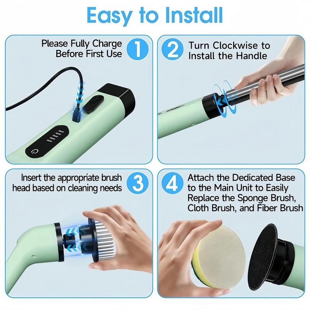 Electric Rechargeable Spin Scrubber with 9 Replaceable Heads Adjustable Extension Rod and Gloves for Cleaning