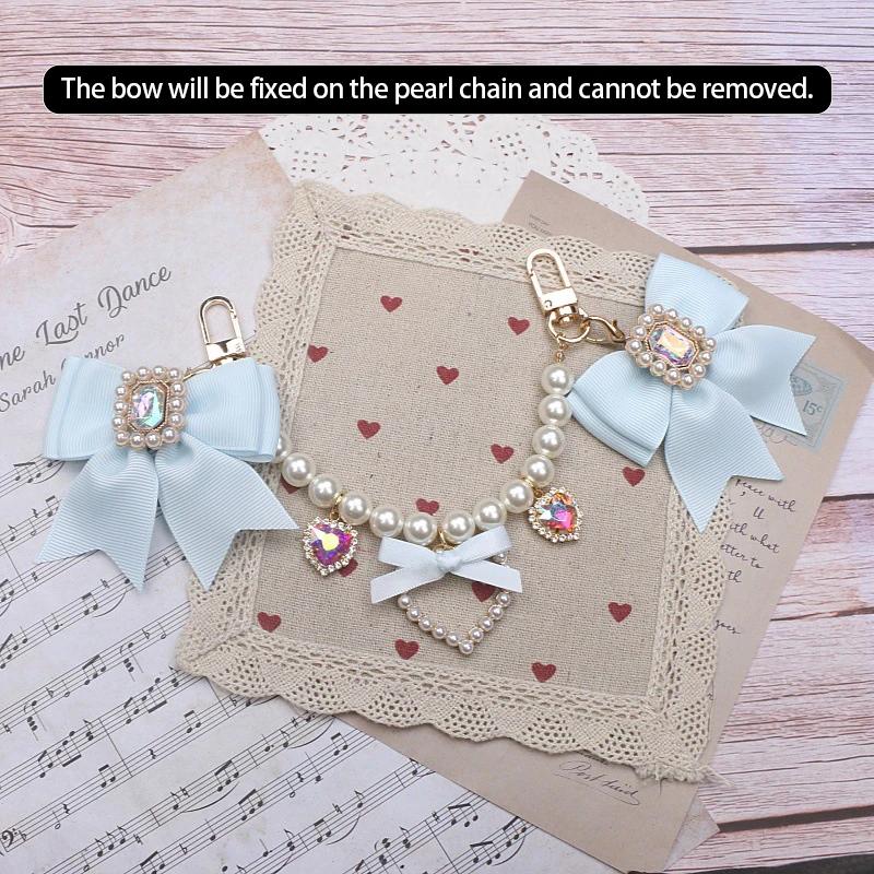 Handmade Bow Pearl Rhinestone Heart Pendant Charm Bag Accessories Japanese Sweet Lolita Style DIY Bag Chain Decoration