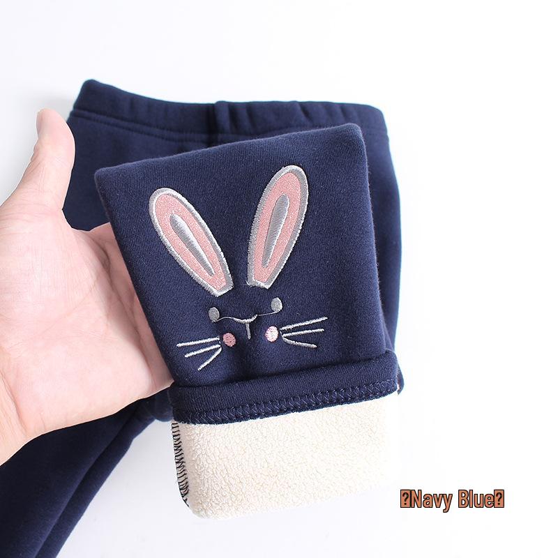 Girls' Winter Fleece-Lined Cotton Leggings with Rabbit Embroidery