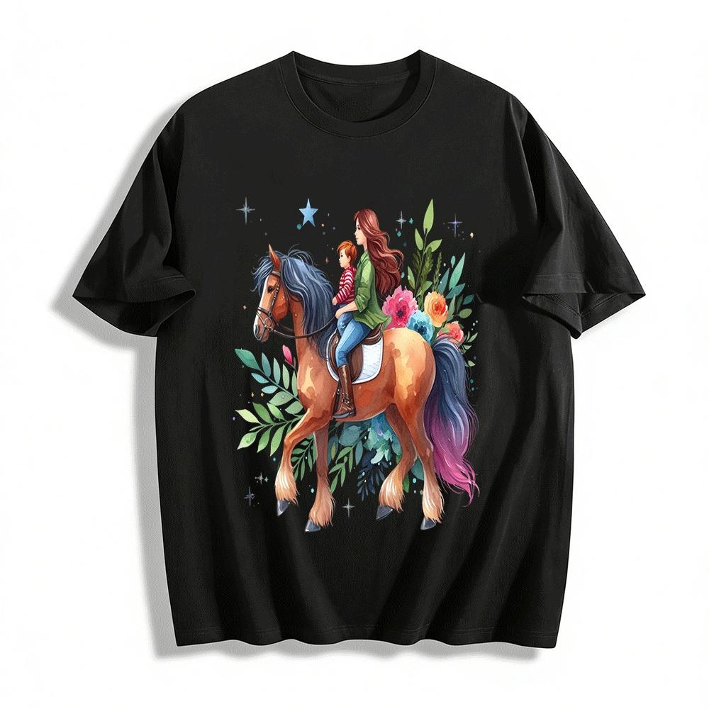 Mother And Kid Horse Riding Floral Print Casual Top Pure cotton T-shirt XXS