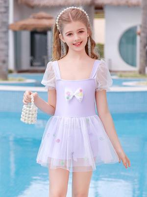 Nuovo costume da bagno in rete a rapida asciugatura per bambina con simpatici pantaloncini a boxer