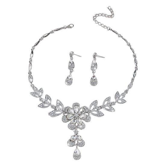 

1 комплект, женский комплект ювелирных изделий со стразами, в форме цветка, соответствующий цвету, капли воды, вечерние, вечерние, свадебные, серьги для невесты, ожерелье на ключице белый