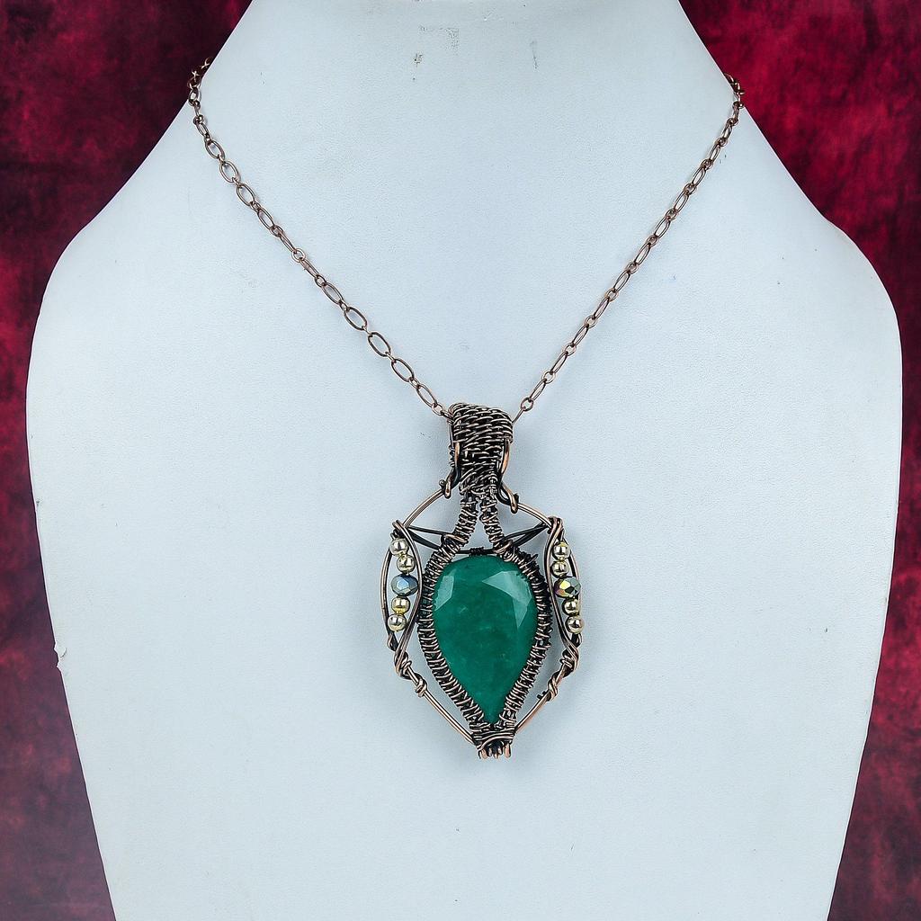Faceted Zambian Emerald Gemstone Pendant Handmade Copper Wire Wrapped Jewelry