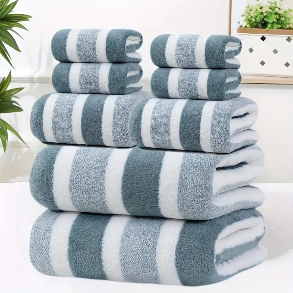 Bath Towel Wrapped In Thick and Enlarged Absorbent Face Wash, Home Wide Striped Coral Fleece Towel Set
