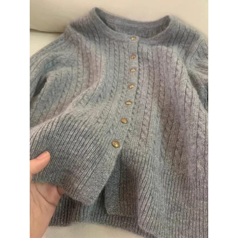 European Heavyweight Cable Knit Cardigan: Women's Autumn/Winter Lazy Style with Gold Buttons