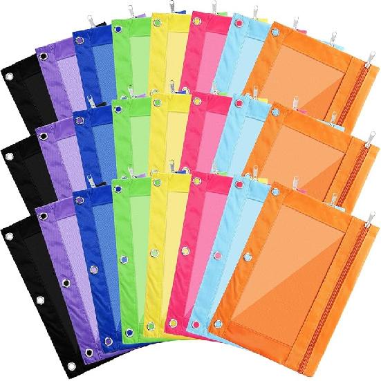 Boao 24 Pcs Pencil Pouch for 3 Rings Binder Pencil Bags Bulk with Zipper Colorful Case Stationery Bag with Clear Window for Office Supplies