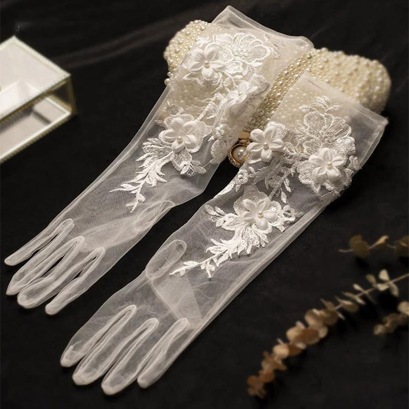 White Lace Long Beads Bridal Wedding Gloves Dress Etiquette Accessories Embroidered Tulle Gloves