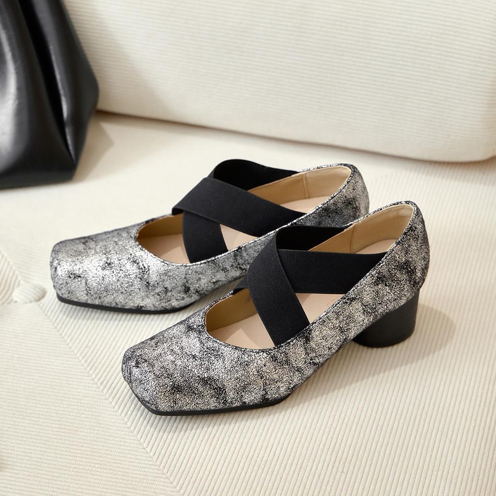 Single Shoes Women's Leather Ballet Shoes Women's Mary Jane Shoes Mid-heel Cross with Square Head Retro Light Mouth Thick Heel Soft Sole Dance