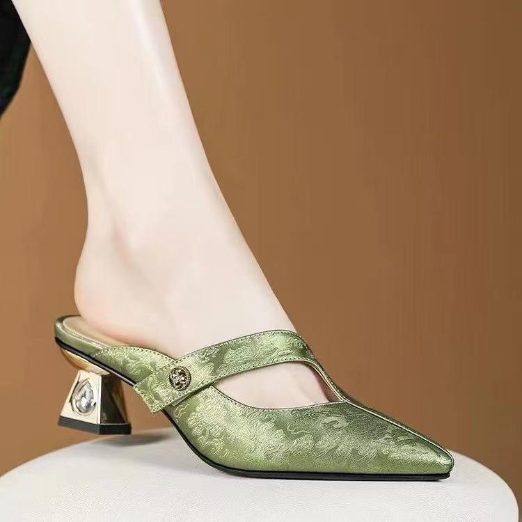 Medium Heel Baotou Half Slippers Women's Summer Wear New High-end Leather Pointed Lazy Sandals