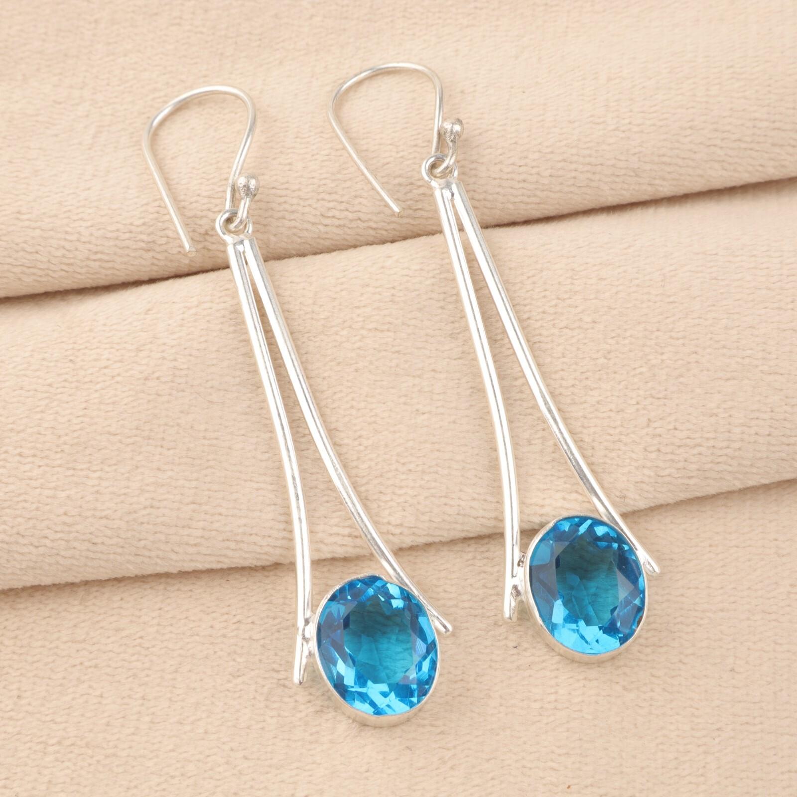 

Natural Swiss Blue Topaz Gemstone 925 Sterling Silver Handcrafted Earrings 2.63 EE-136-8