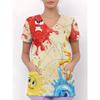 Womens V-Neck Short Sleeve Nursing Scrub Top With 3D Cartoon Print Comfortable Workwear Casual Medical Uniform