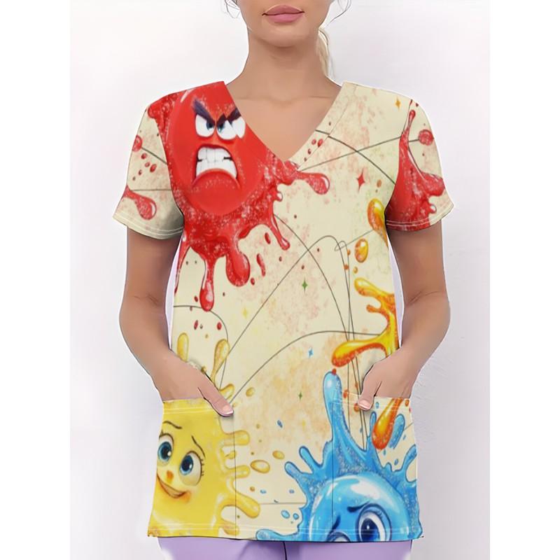 Womens V-Neck Short Sleeve Nursing Scrub Top With 3D Cartoon Print Comfortable Workwear Casual Medical Uniform