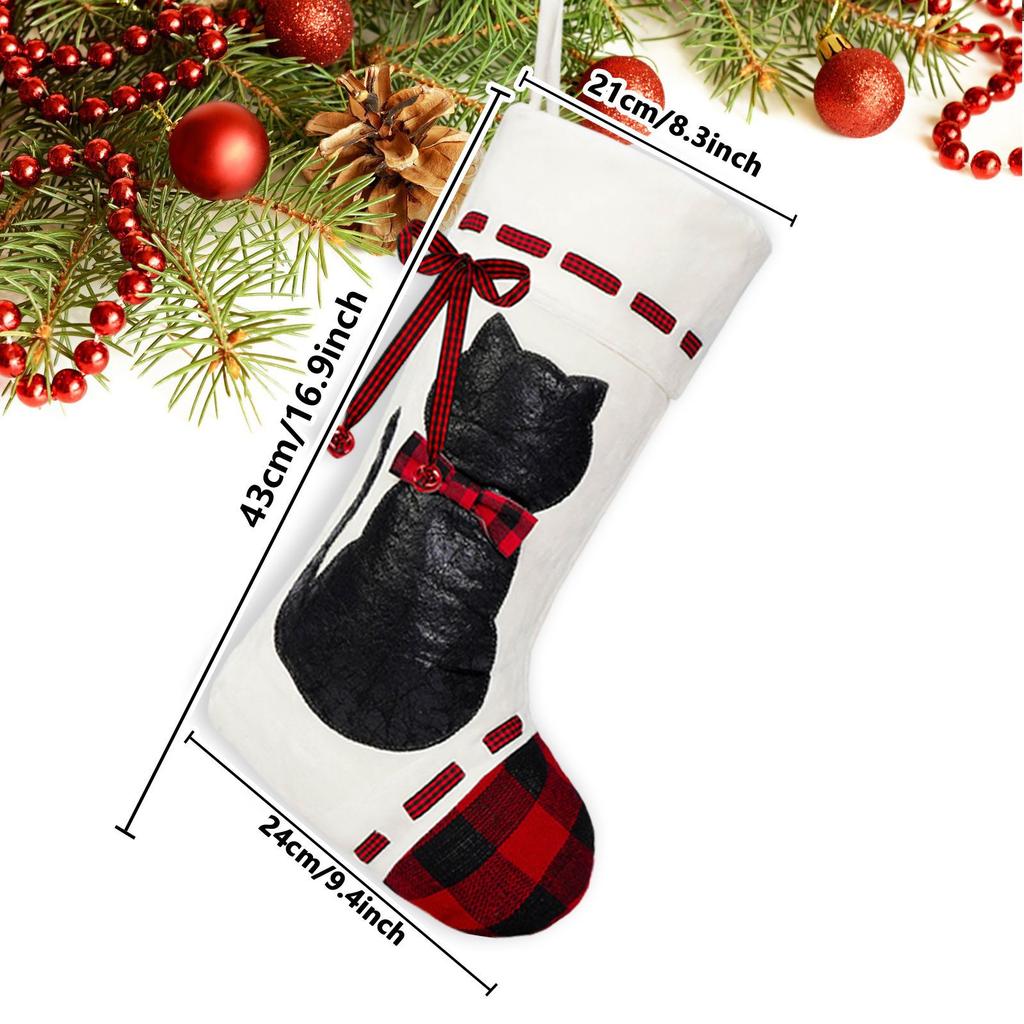 1PCS Polyester Christmas Socks with Black Cat Dog Design Creative Hanging Gift Pouch for Candy Tree Decor Household Supplies