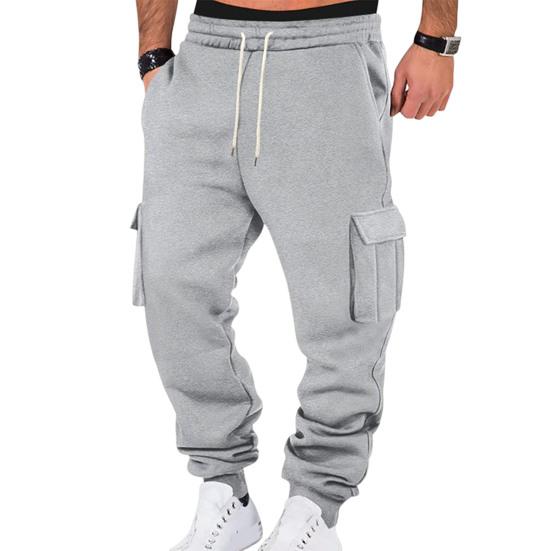 Men Cargo Pants Mid-rise Adjustable Waist Drawstring Casual Trousers with Reinforced