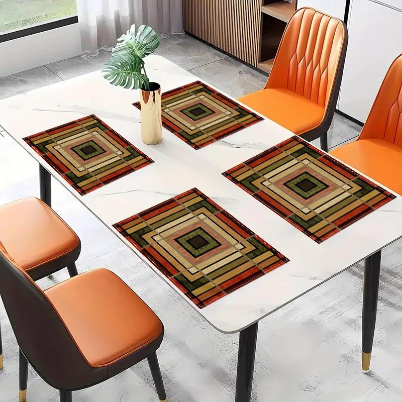 4-Pack Linen Placemats, 12x18 Inch Rectangular Table Mats, Abstract Geometric Stripe Design, Machine Washable Dining Decor for Home, Kitchen, Party
