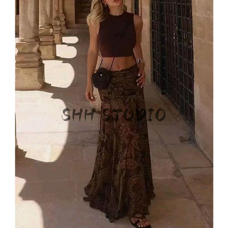 Autumn New Women's Clothing French Vintage Style Ruched Decorative High Waist Print Silm Mid Length Long Length Midi Skirt Skirt