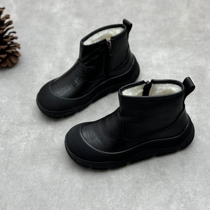 Johnature Handgefertigte Damen-Kurzstiefel aus echtem Leder mit runder Zehenpartie, flachem Boden, verdickt, warm gefüttert mit Wolle, Schneestiefel