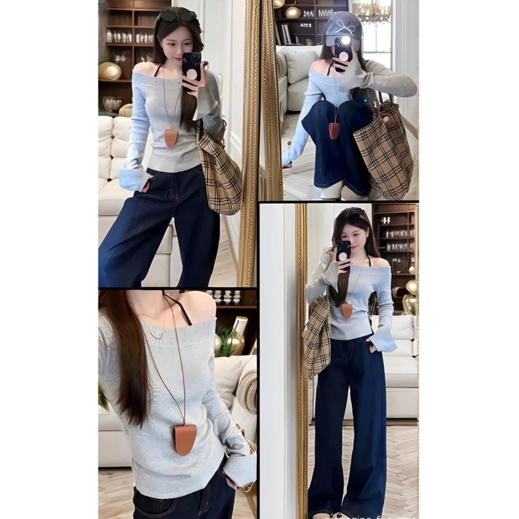 niche slanted shoulder long-sleeved knitted sweater women's autumn and winter inner sweater high-end slim-fitting bottoming shirt off-shoulder top