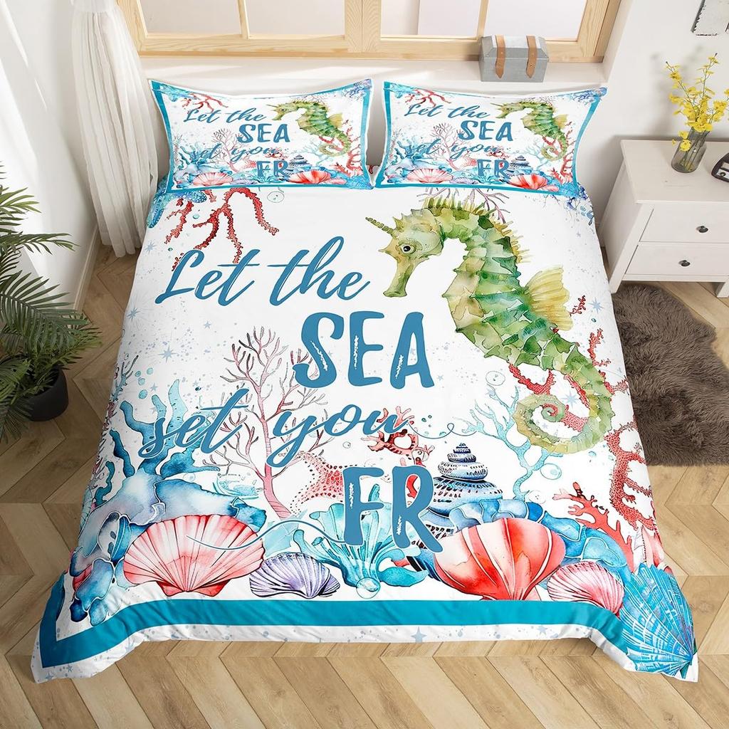 Seahorse Duvet Cover Sets For Kids Teens Queen Lightweight Bedding Sets Ocean Animal Bedspread Covers Bedroom Decor No Comforter