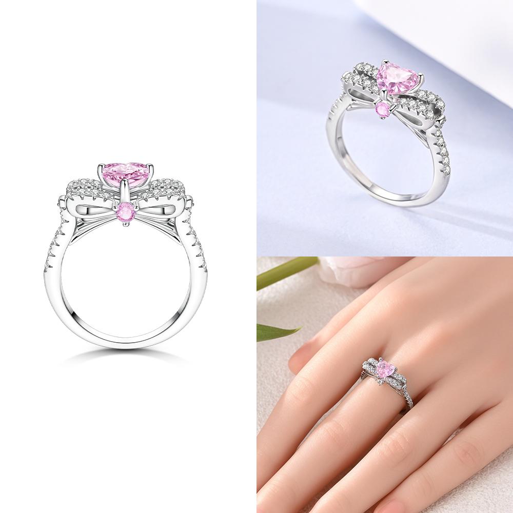 Authentic Pink Zircon Heart Bow Ring Copper Womens Accessories Jewellery Valentines Day Fine Ring Gifts Set High Quality